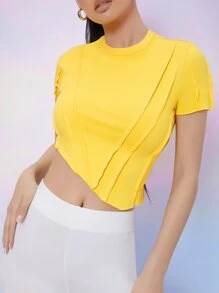 SHEIN Áo thun Bất đối xứng màu trơn Giải trí - Màu vàng - Xem 5