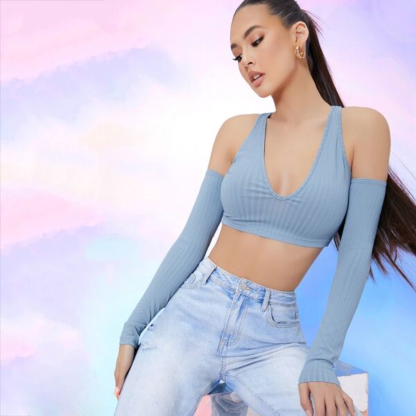 

Ribbed Open-Shoulder Halter Crop Top, Dusty blue
