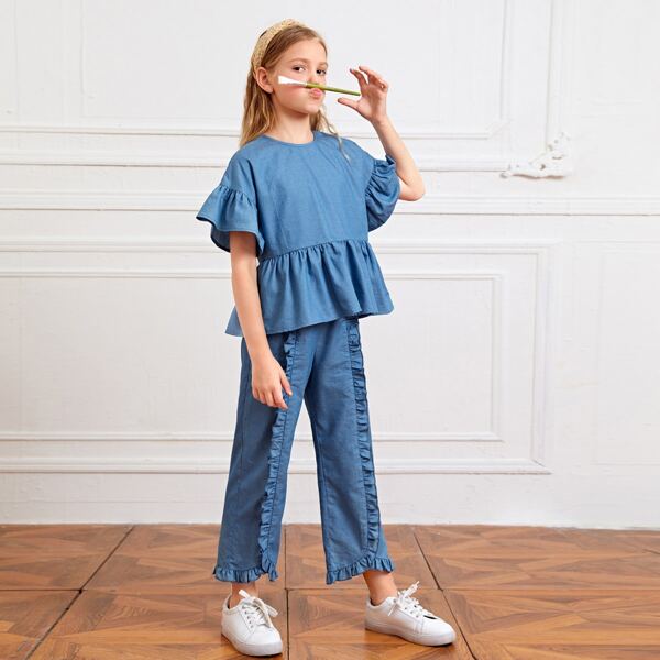 

Girls Ruffle Trim Peplum Top & Frilled Pants Set, Blue