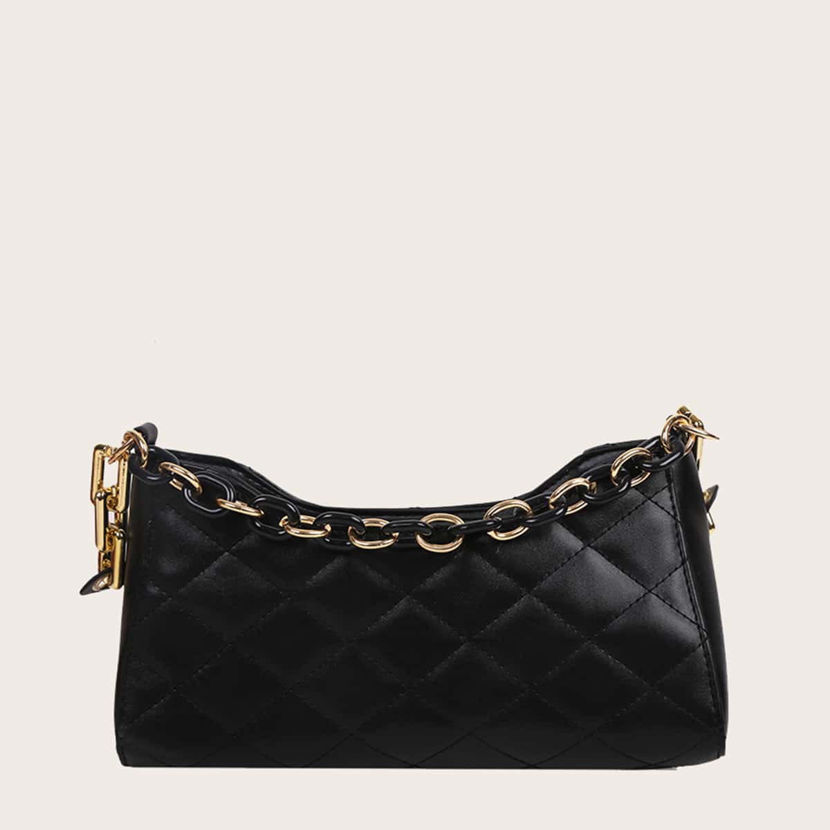 

Quilted Chain Baguette Bag, Black