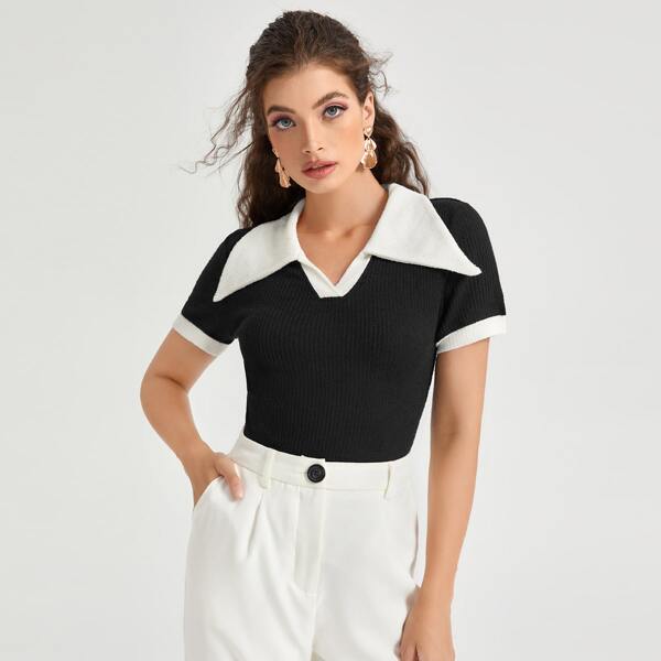 

Contrast Collar Rib-knit Top, Black
