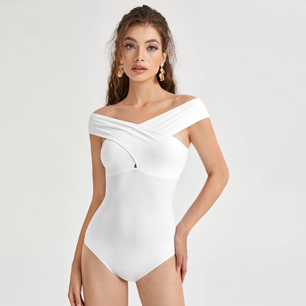 

Crisscross Off Shoulder Solid Bodysuit, White