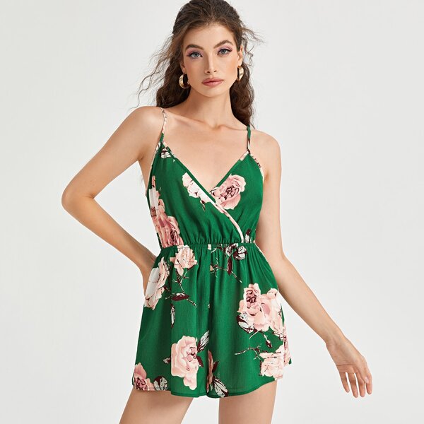 

Surplice Neck Floral Cami Romper, Green