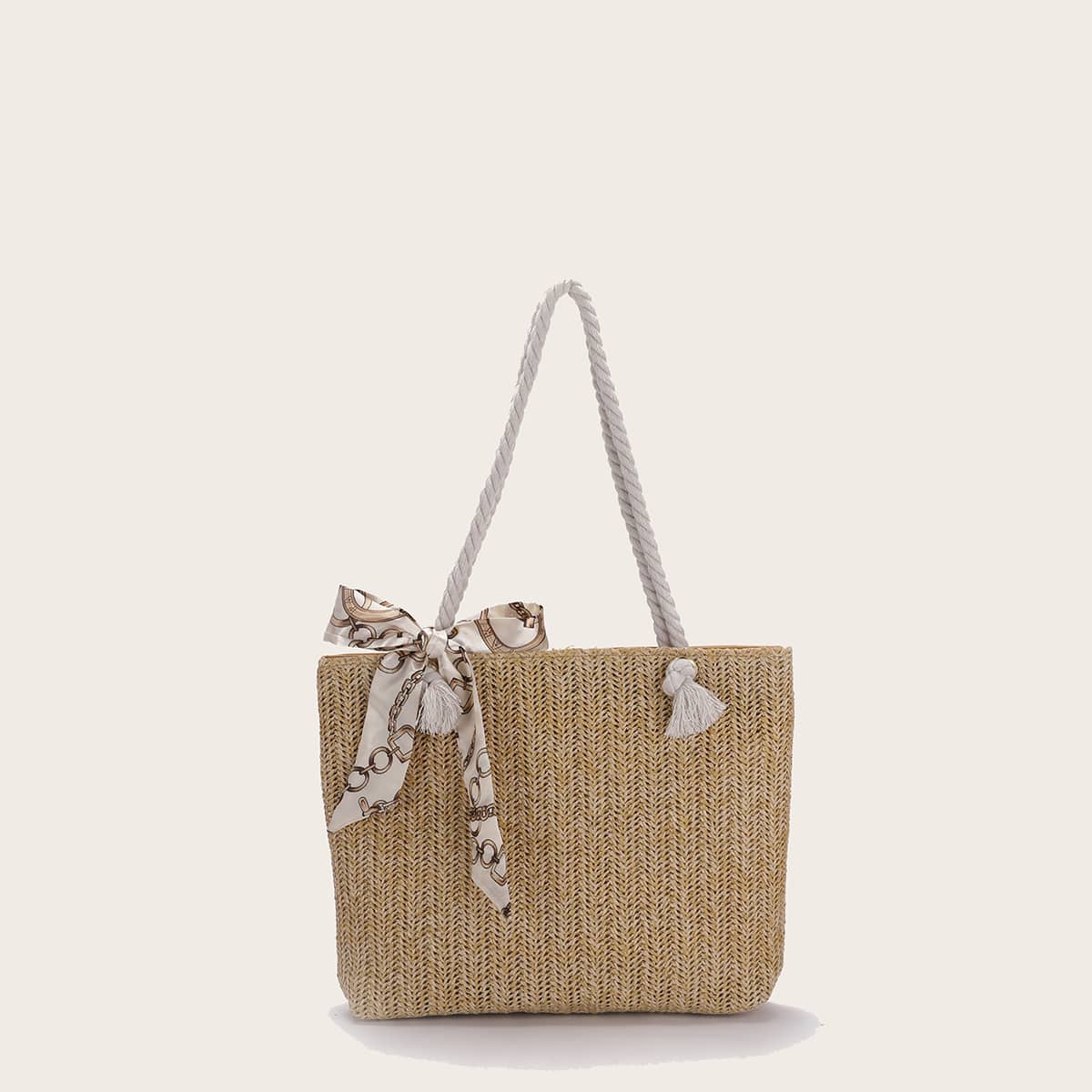

Scarf Knot Straw Tote Bag, Khaki