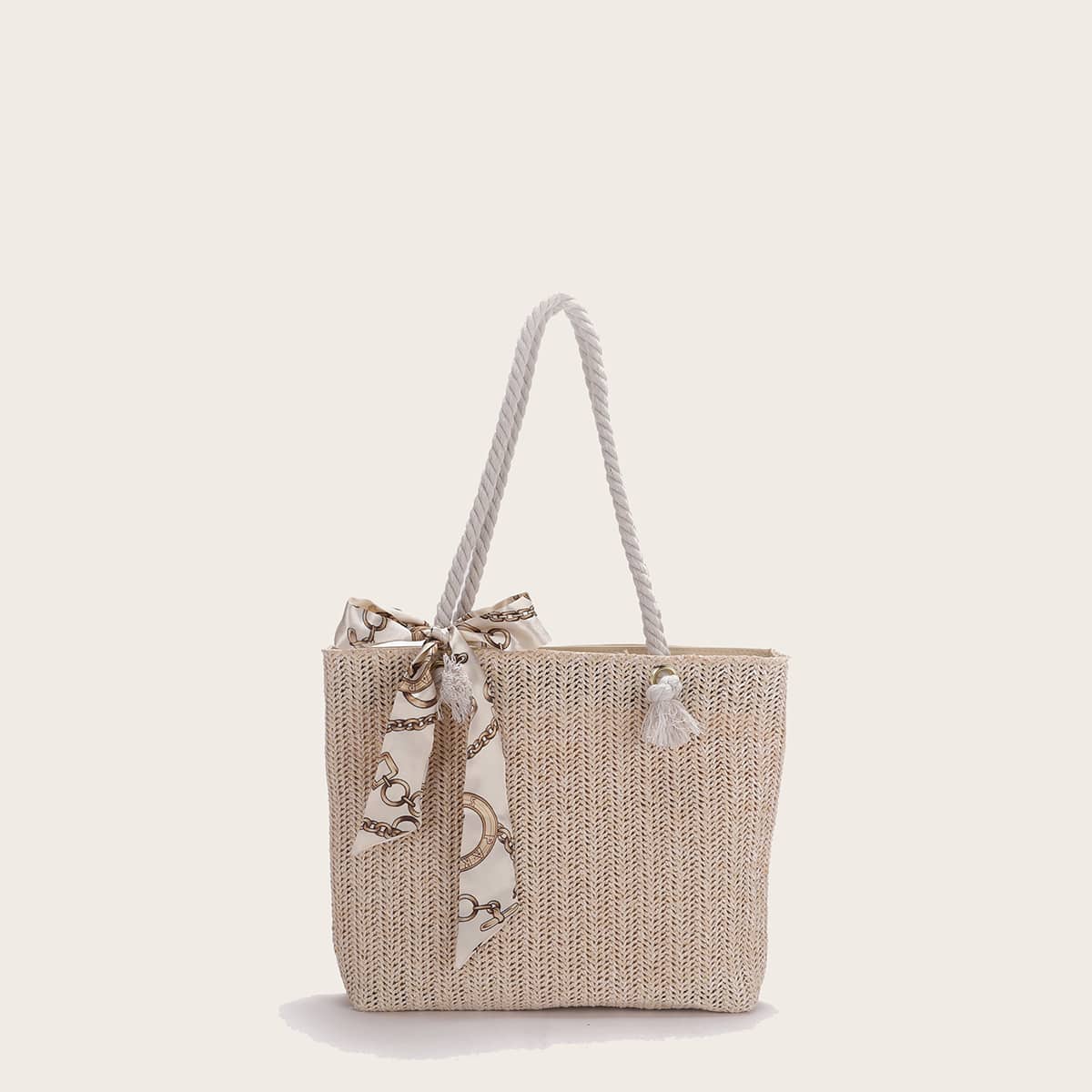 

Scarf Knot Straw Tote Bag, Beige