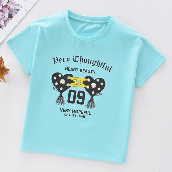 

Toddler Girls Letter And Heart Print Tee, Mint blue