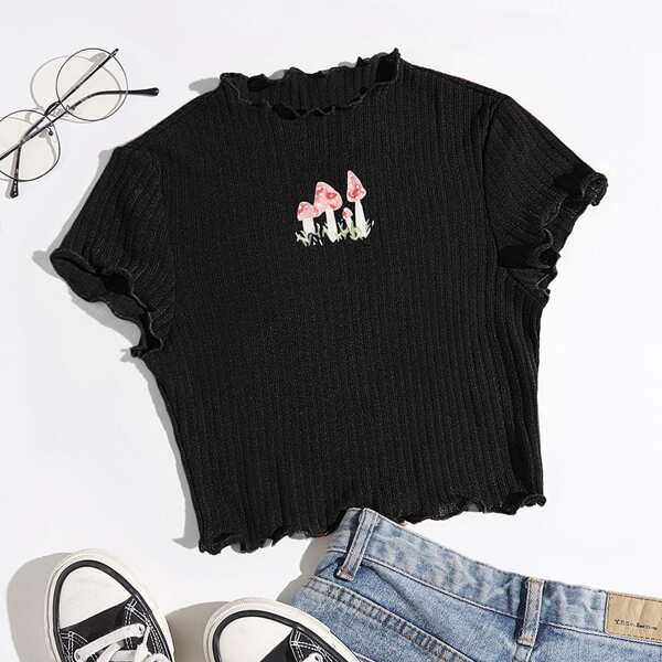

Mushroom Print Lettuce Trim Rib-knit Tee, Black