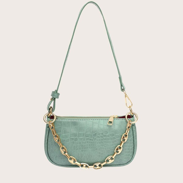

Croc Embossed Chain Baguette Bag, Green