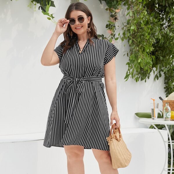 

Plus Striped Notch Neck Belted Dress, Black