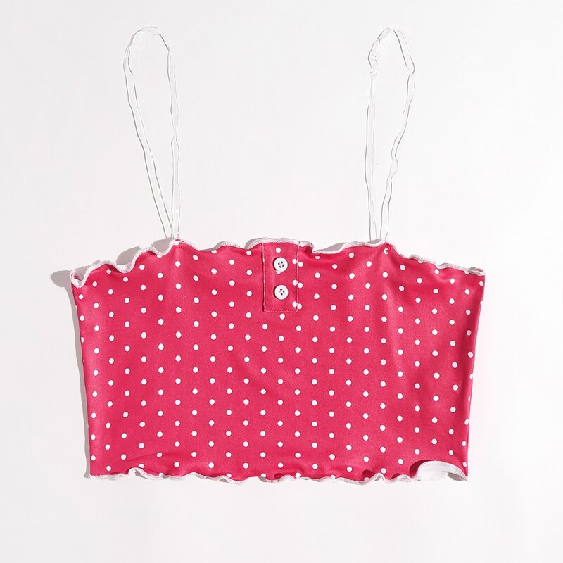 

Polka Dot Lettuce Trim Button Crop Cami, Pink