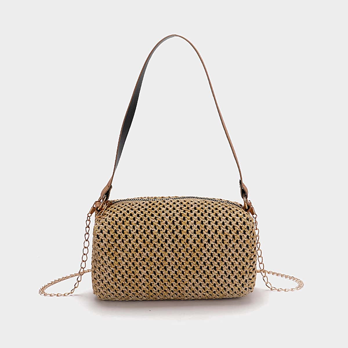 

Straw Chain Shoulder Bag, Khaki