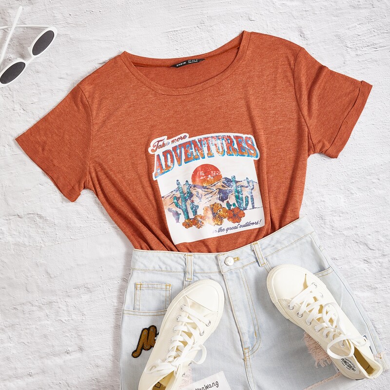 

Letter & Plants Graphic Rolled Cuff Tee, Brown
