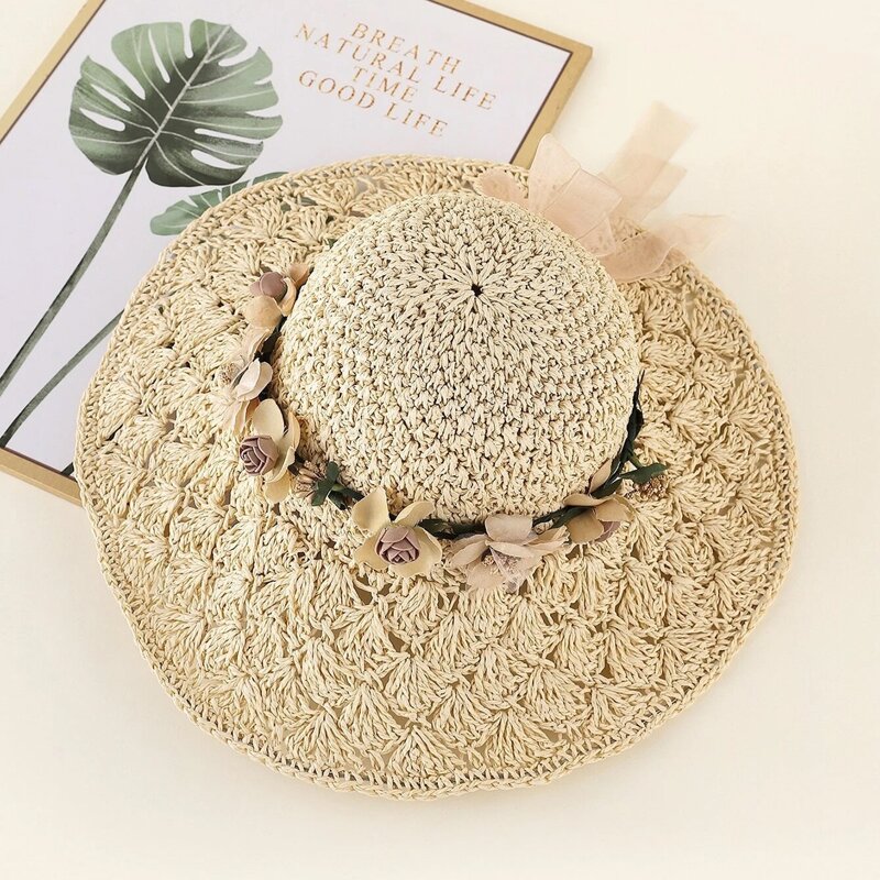

Floral Decor Straw Hat, Beige