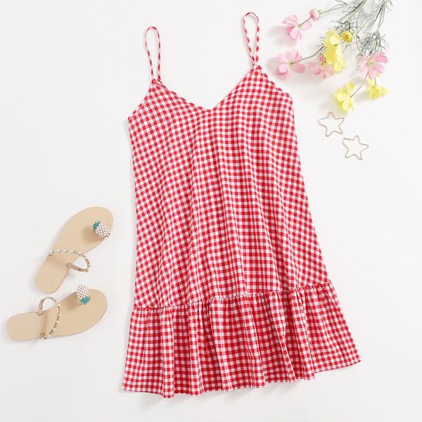 

Ruffle Hem Gingham Cami Dress, Red and white