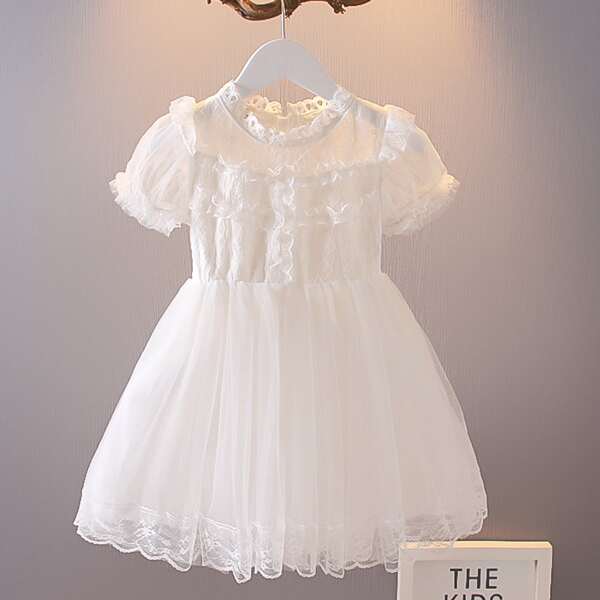 

Toddler Girls Contrast Lace Zipper Back Puff Sleeve Gown Dress, White