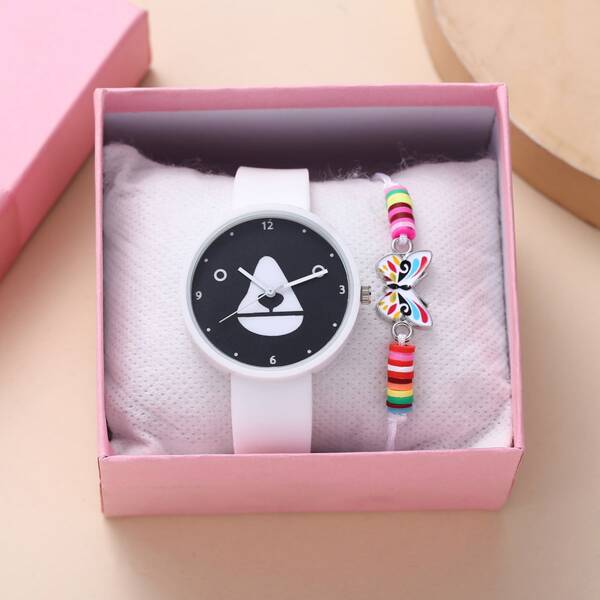 

1pc Kids Cartoon Graphic Round Pointer Watch & 1pc Bracelet