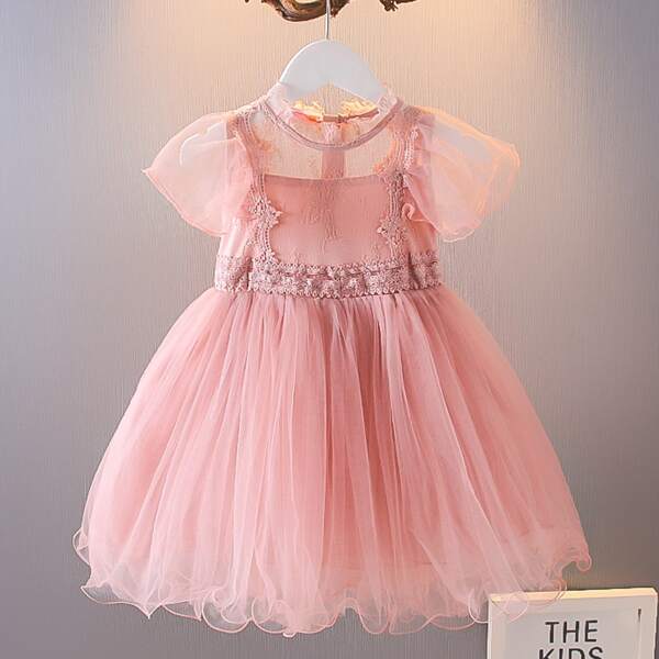 

Girls Mesh Overlay Zipper Back Smock Dress, Coral pink