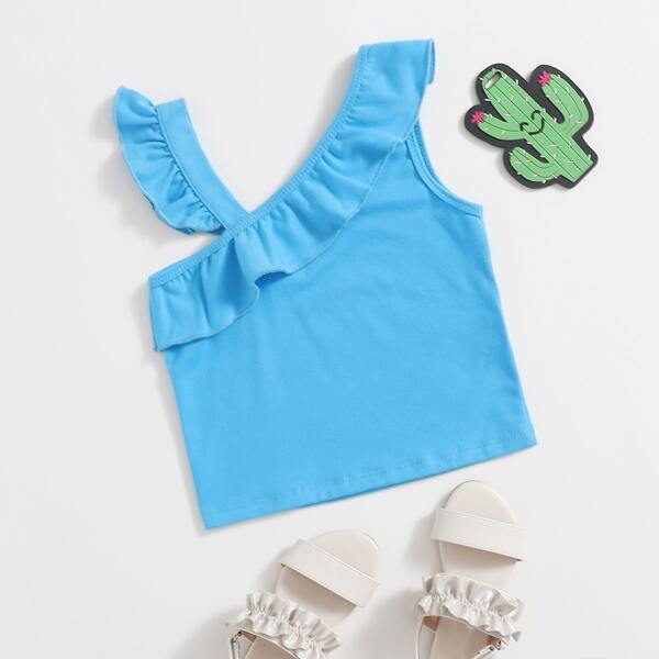 

Toddler Girls Asymmetrical Neck Ruffle Trim Tank Top, Mint blue