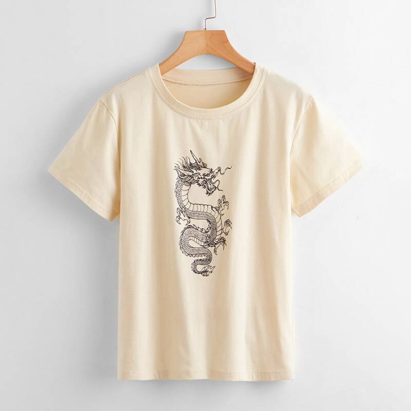 Chinese Dragon Graphic Tee, Beige