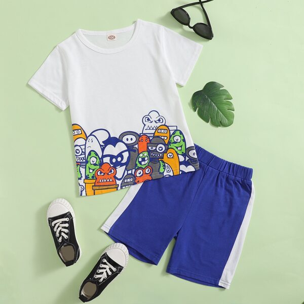 

Toddler Boys Cartoon Graphic Tee & Shorts, Blue and white