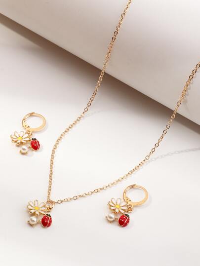 Set de 3 piezas de joyería para niñas con collar y aretes con diseño de mariquita, adecuado para decoración diaria