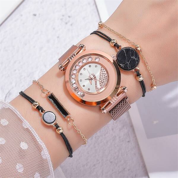 

1pc Rhinestone Decor Swan Pattern Dial Watch & 4pcs Bracelet