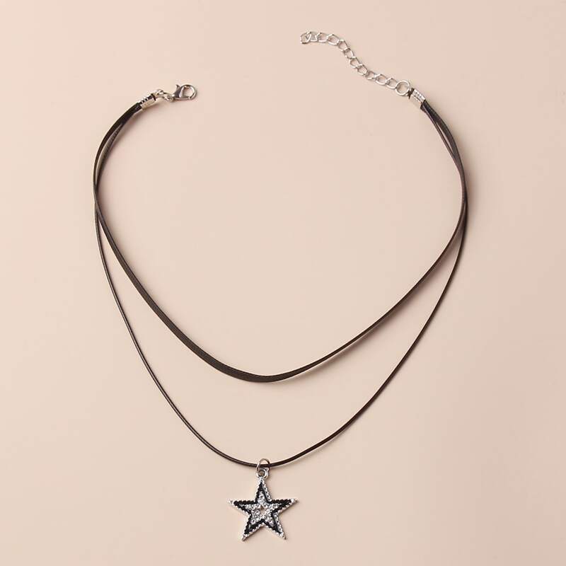 

Star Rhinestone Layered Necklace, Black