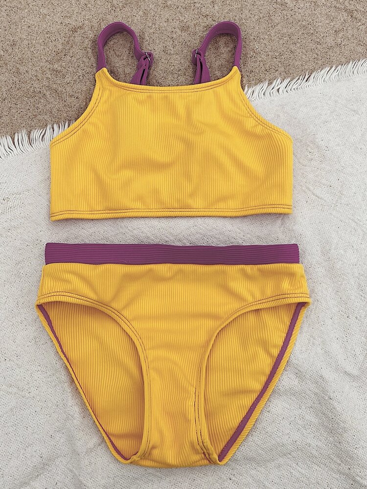 Baby Girl Rib Contrast Trim Beachwear Summer Beach - Yellow - View 5