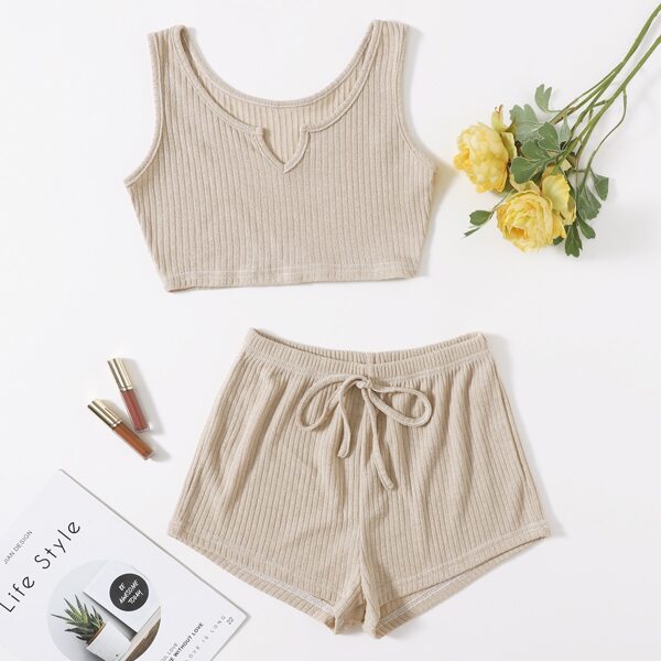 

Rib-knit Notched Knot Front Lounge Set, Apricot