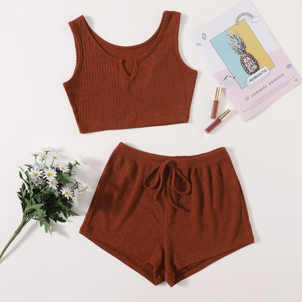 

Rib-knit Notched Knot Front Lounge Set, Rust brown