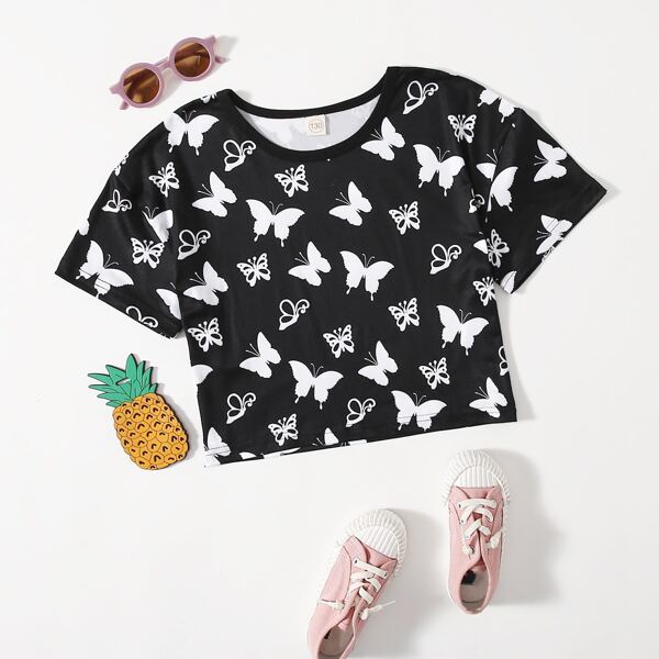 

Girls Allover Butterfly Print Tee, Black and white