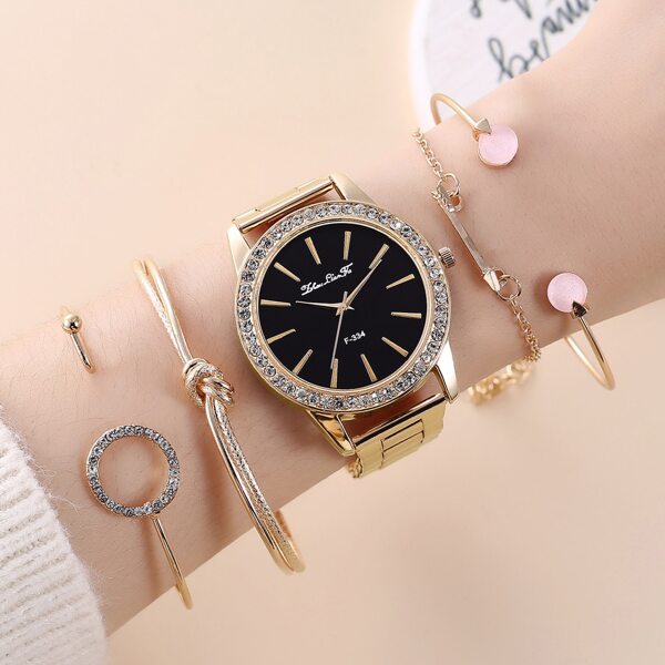 

1pc Rhinestone Decor Round Pointer Watch & 4pcs Bracelet