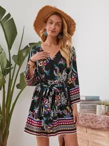 SHEIN Surplice Neck Botanical Print Belted Romper - Multicolor - View 1