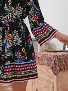 SHEIN Surplice Neck Botanical Print Belted Romper - Multicolor - View 3