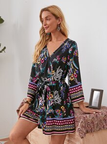 SHEIN Surplice Neck Botanical Print Belted Romper - Multicolor - View 4
