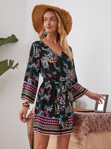 SHEIN Surplice Neck Botanical Print Belted Romper - Multicolor - View 5