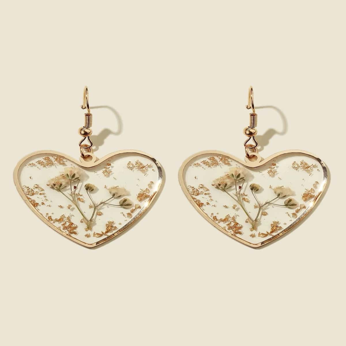 

Flower & Heart Drop Earrings, Gold