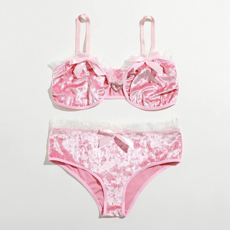 Frill Trim Velvet Lingerie Set, Baby pink