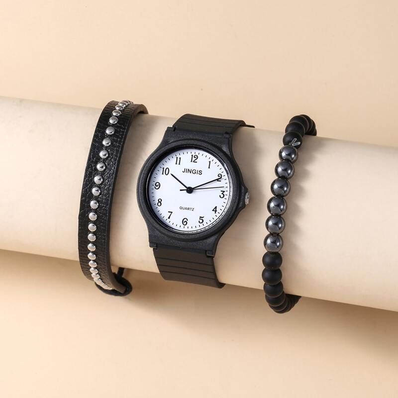 

1pc Guys Round Pointer Quartz Watch & 2pcs Bracelet