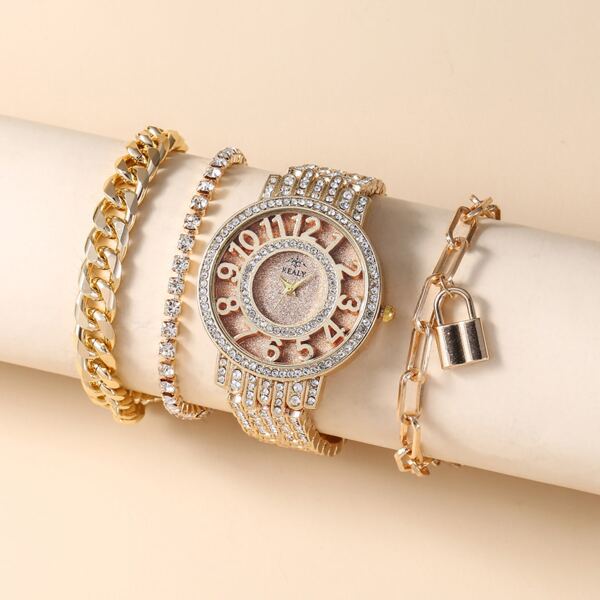 

1pc Rhinestone Decor Quartz Watch & 3pcs Bracelet