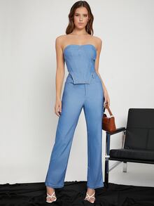 SHEIN Asymmetrical Hem Tube Top - Blue - View 3