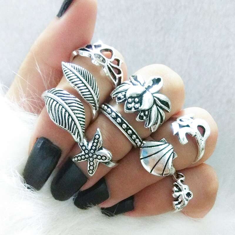 

8pcs Floral Design Ring, Antique silver