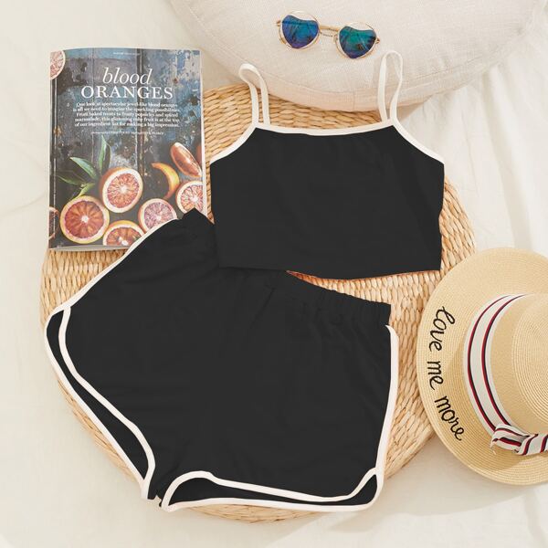 

Contrast Binding Cami Crop Top & Shorts Set, Black
