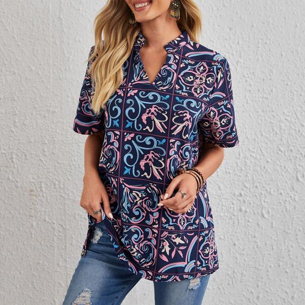 

Allover Print High Low Tunic Blouse, Multicolor