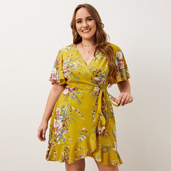 

Plus Flutter Sleeve Belted Wrap Floral Dress, Multicolor