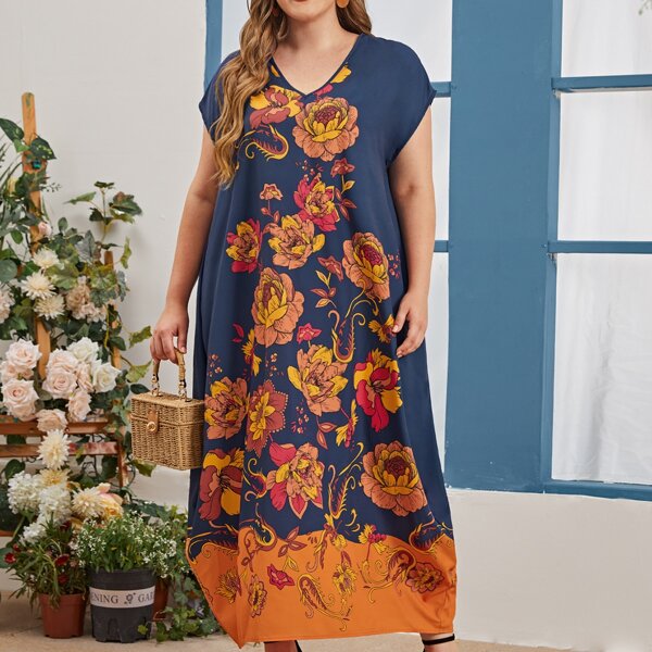 

Plus V-neck Batwing Sleeve Floral Print Dress, Multicolor