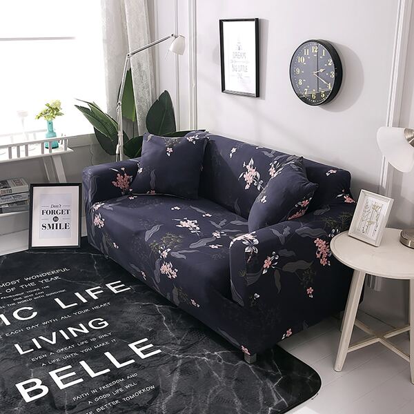 

Flower Print Stretchy Sofa Slipcover & 1pc Cushion Cover Without Filler, Navy blue