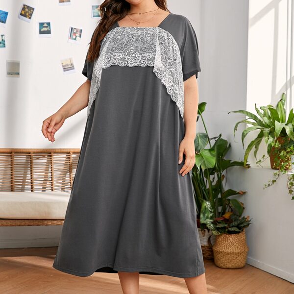 

Plus Contrast Lace Panel Night Dress, Dark grey