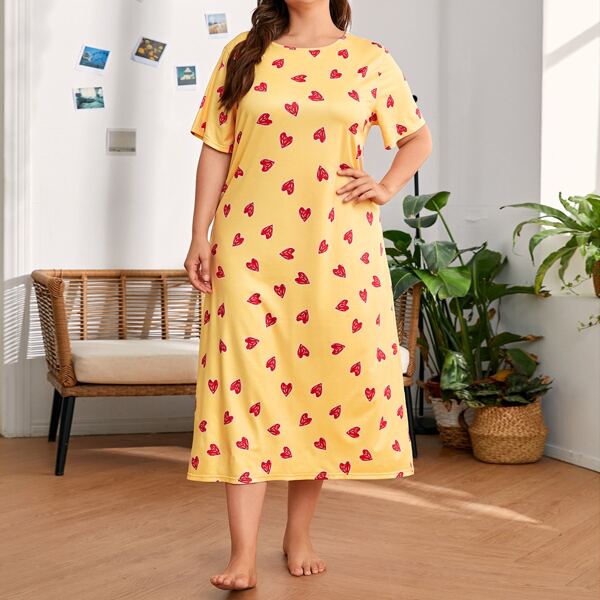 

Plus Allover Heart Print Night Dress, Yellow