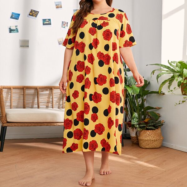 

Plus Polka Dot Floral Print Night Dress, Multicolor